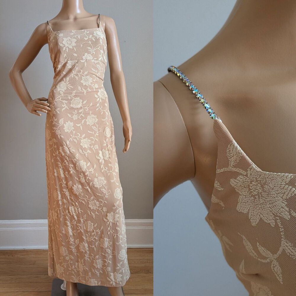 Vintage JM for Gunne Sax Floral Prom Dress Nude Gown Empire Waist Size 13/14